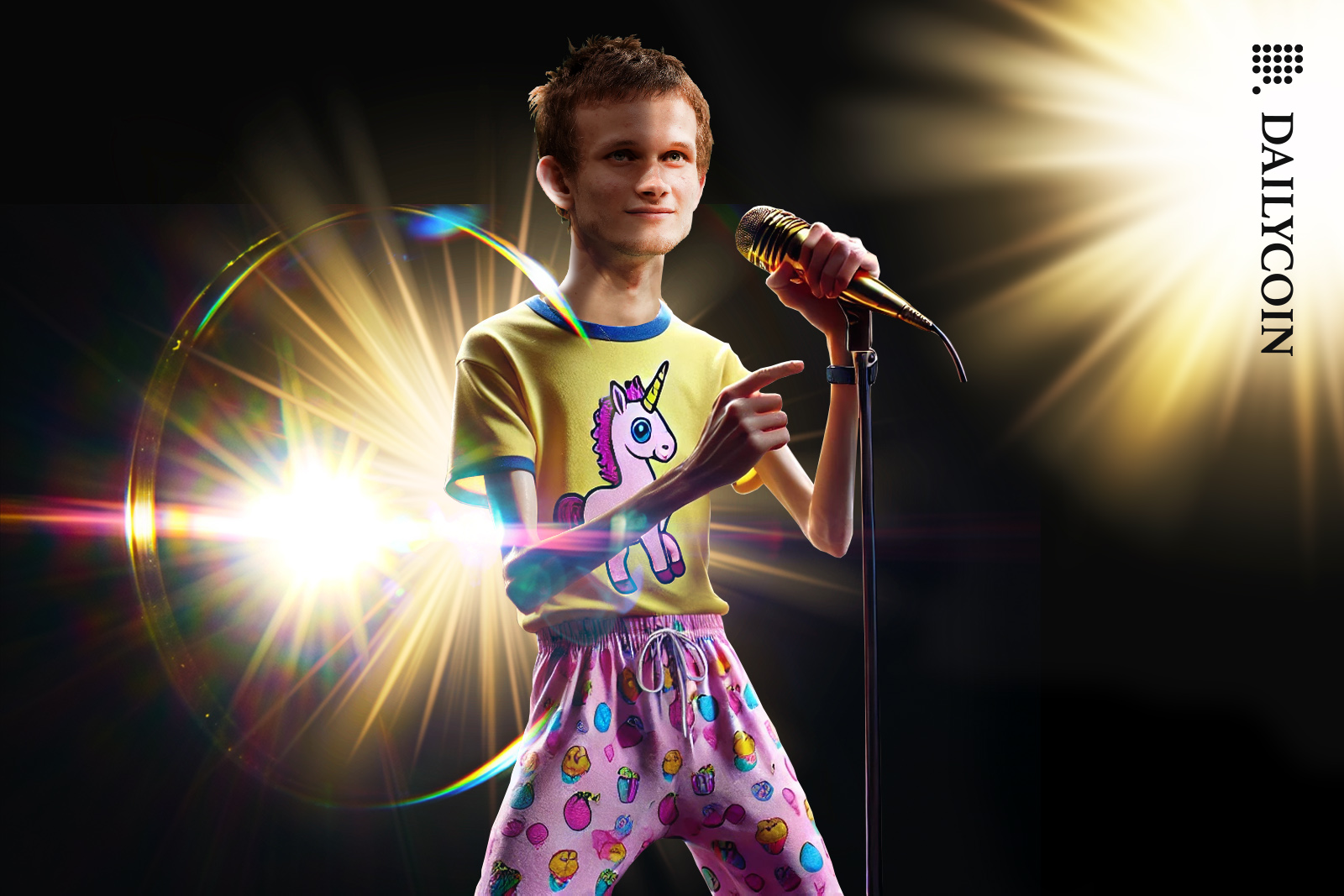 Vitalik Buterin Singing on stage with a golden mic in his hand.