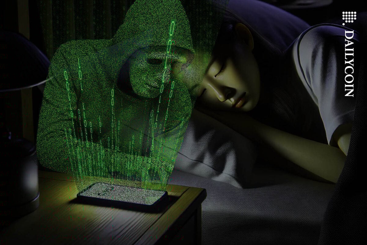 Girl asleep in her bad with her phone next to her bed, as a hacker stealing her money.