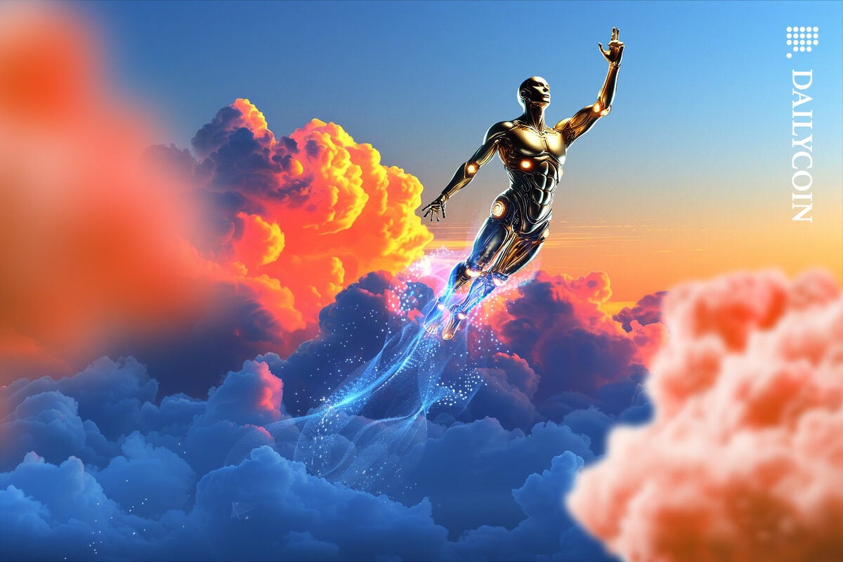 Golden humanoid robot fly towards the sky through thick clouds.