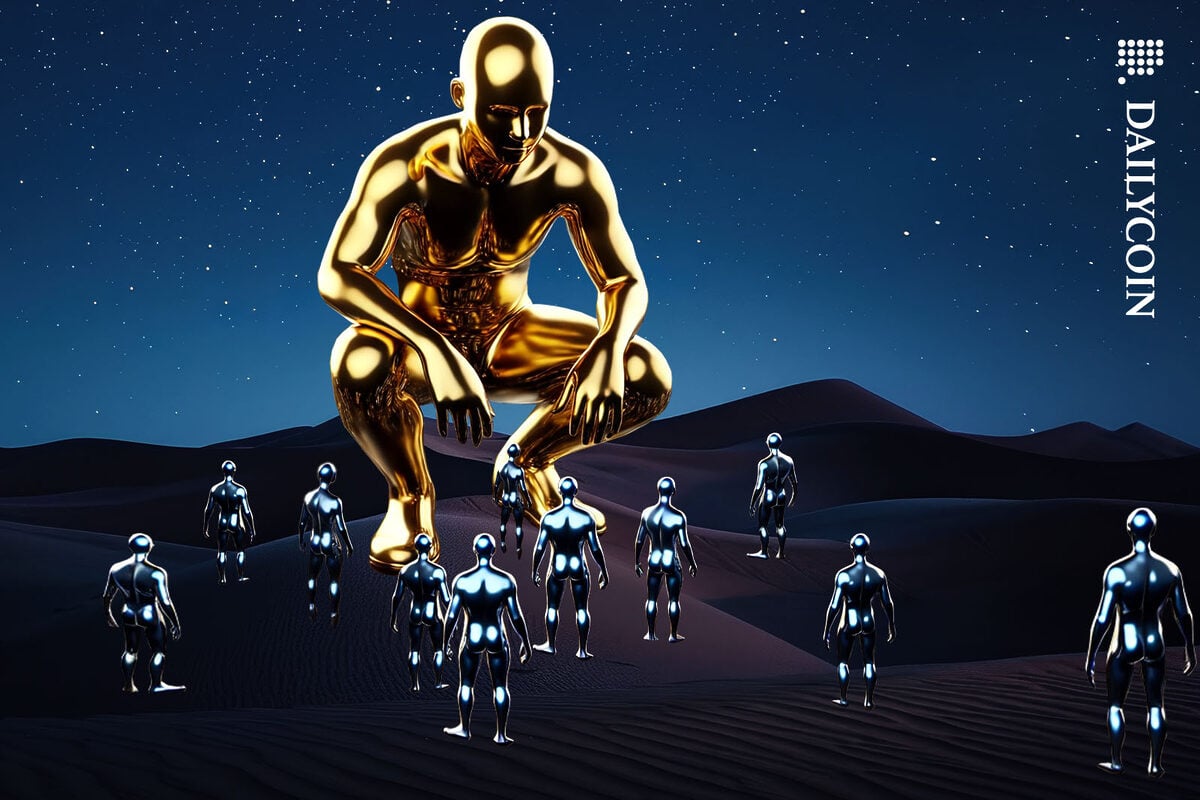 A huge golden giant looking at some small humanoid liquid metal creatures surrounding him.
