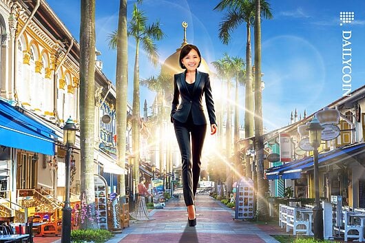 CEO of OKX Singapore Gracie Lin walking confidently on one of Singapore's famous streets.