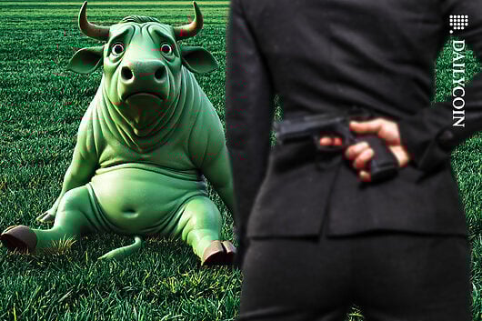A green bull sitting in the grass with a scared, mild panic impression on his face as a woman approaching him with a pistol behind her back.