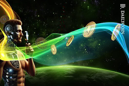 A half human half robot examining a colorful stream of crypto coins.