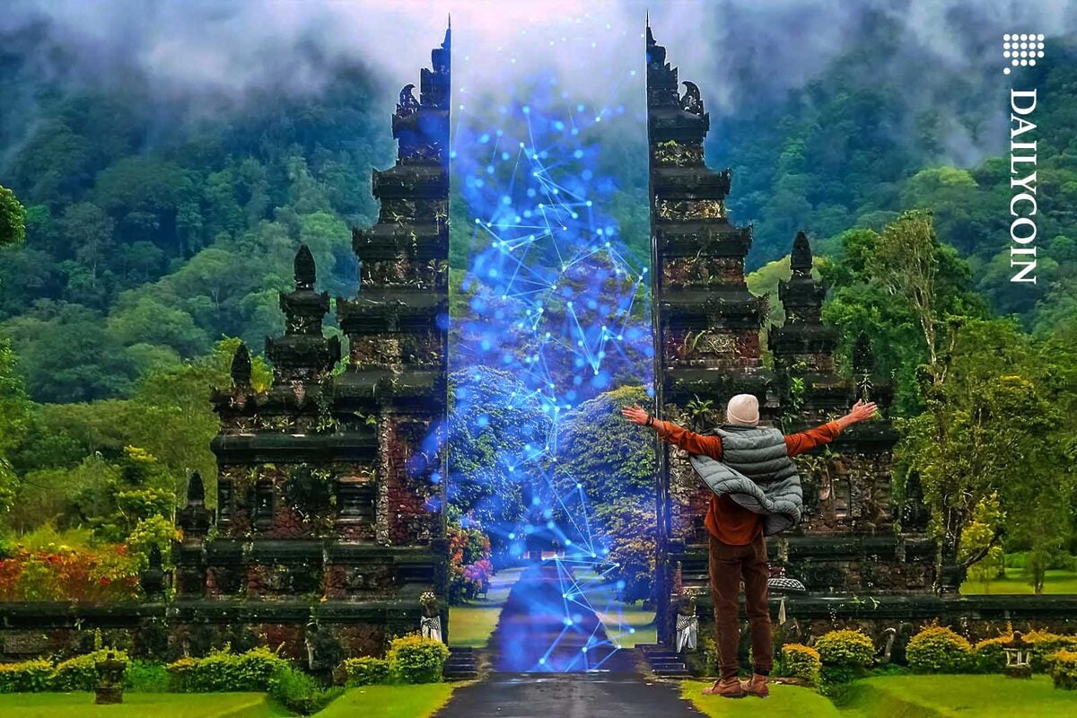Indonesian building split by digital noise admired by a tourist.
