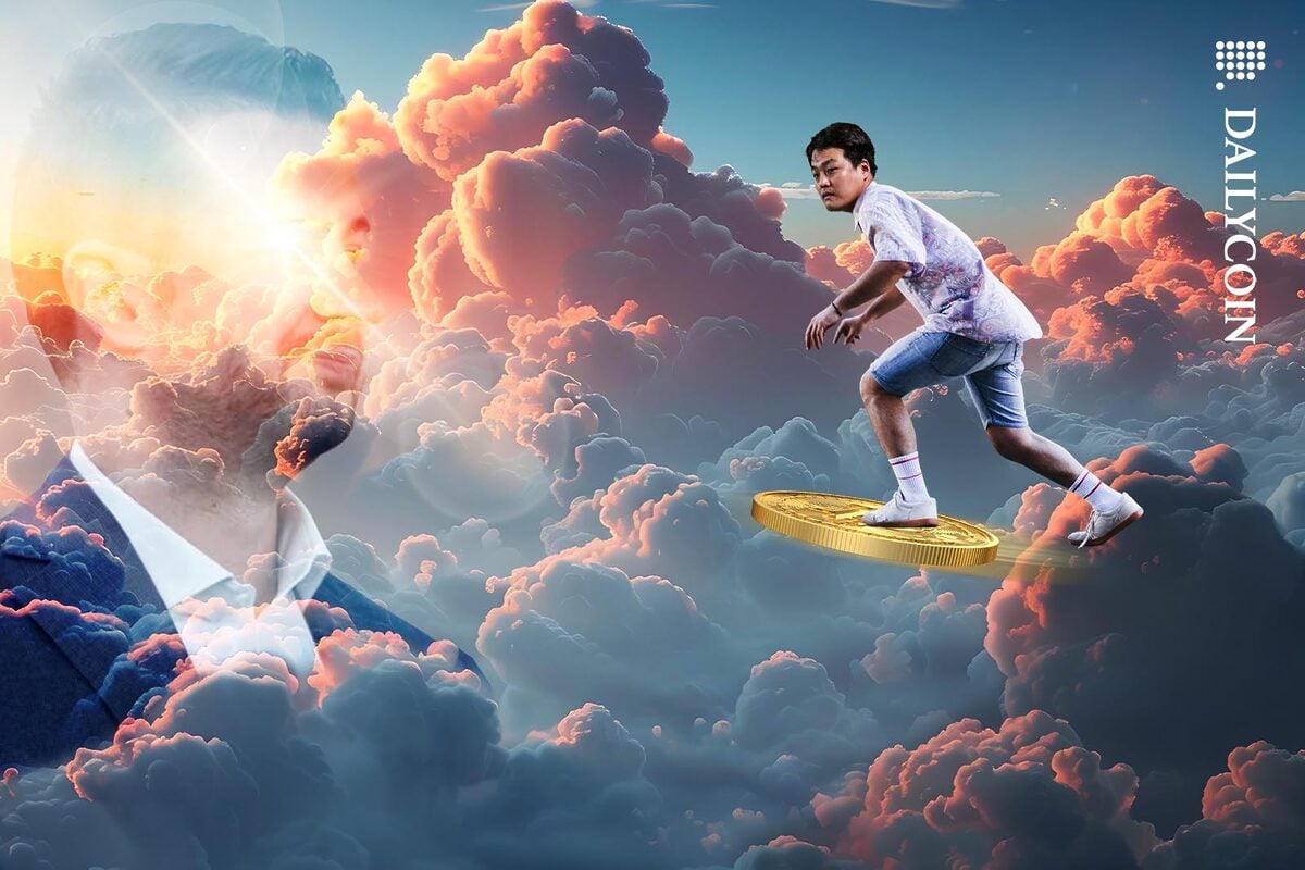 Do Kwon surfing on a Bitcoin in the clouds, watched over by Jakov Milatović.