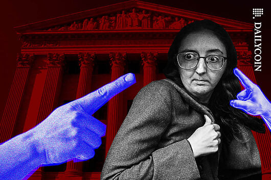 Caroline Ellison appears to be scared in front of a court house as two big hands pointing at her.