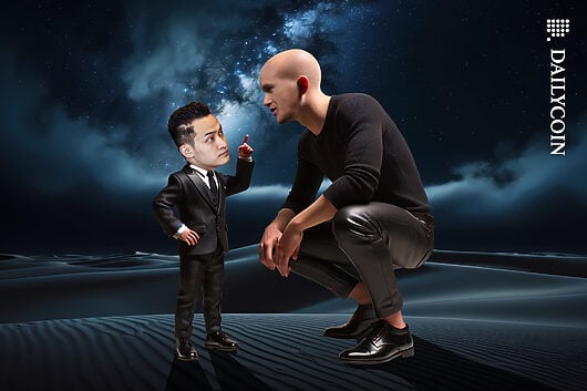 Justin Sun lecturing Brian Armstrong in a desert at night.