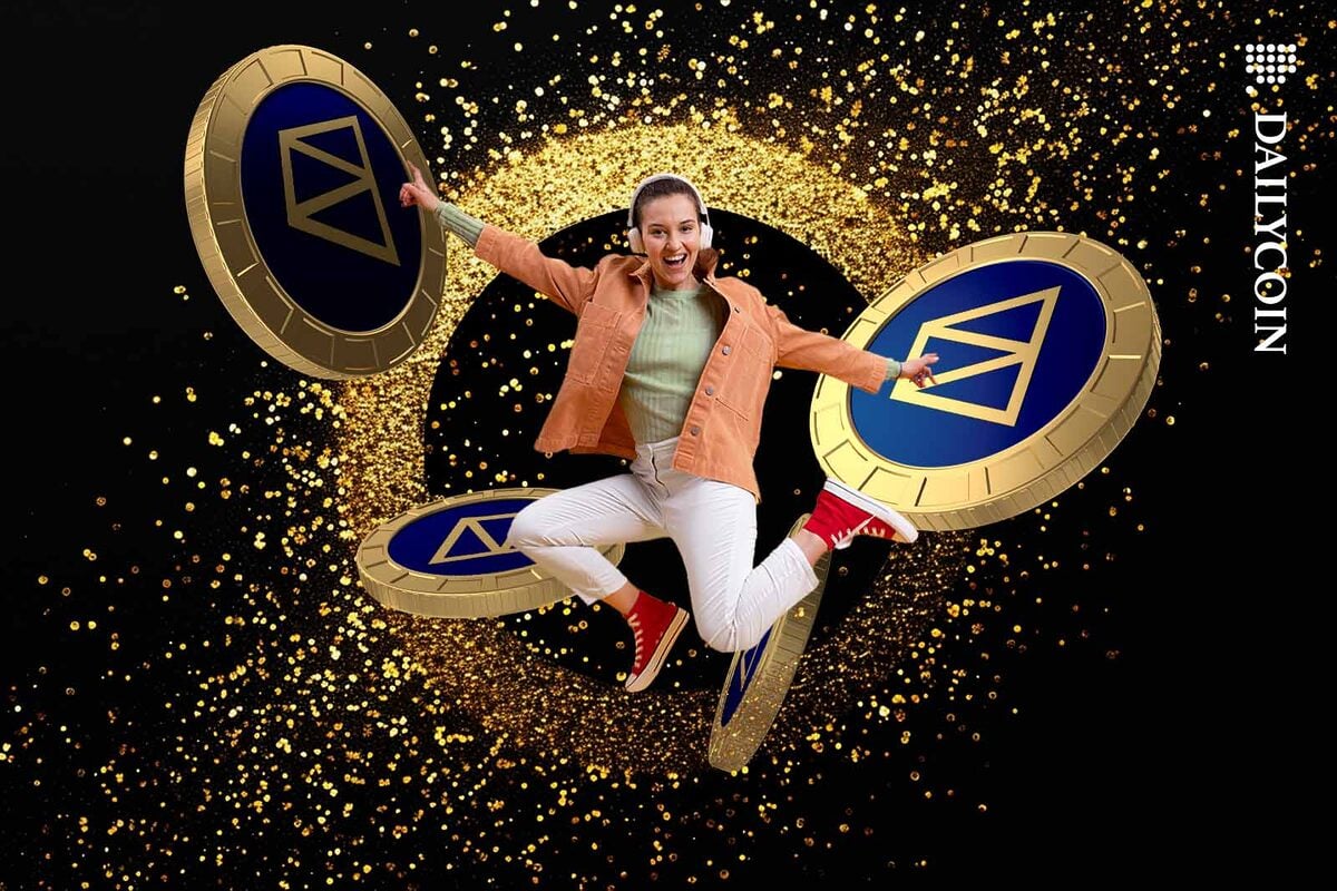 Young woman jumping happily surrounded by Polymarket coins.