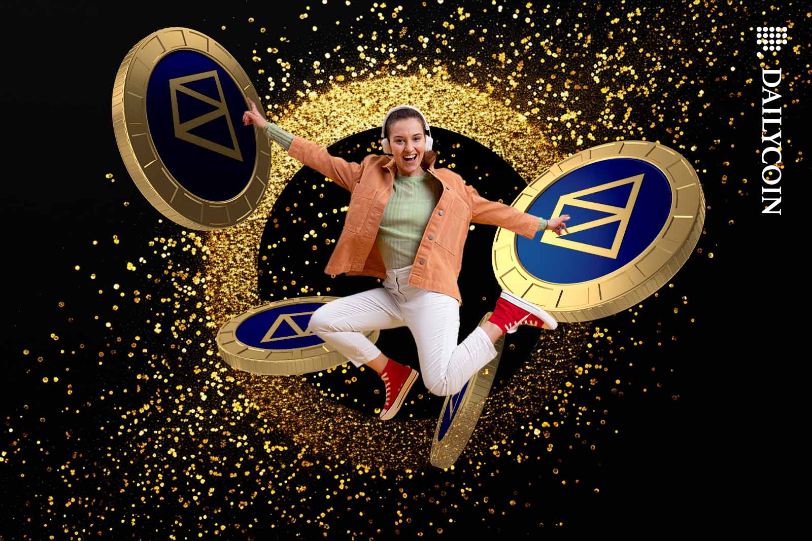 Young woman jumping happily surrounded by Polymarket coins.