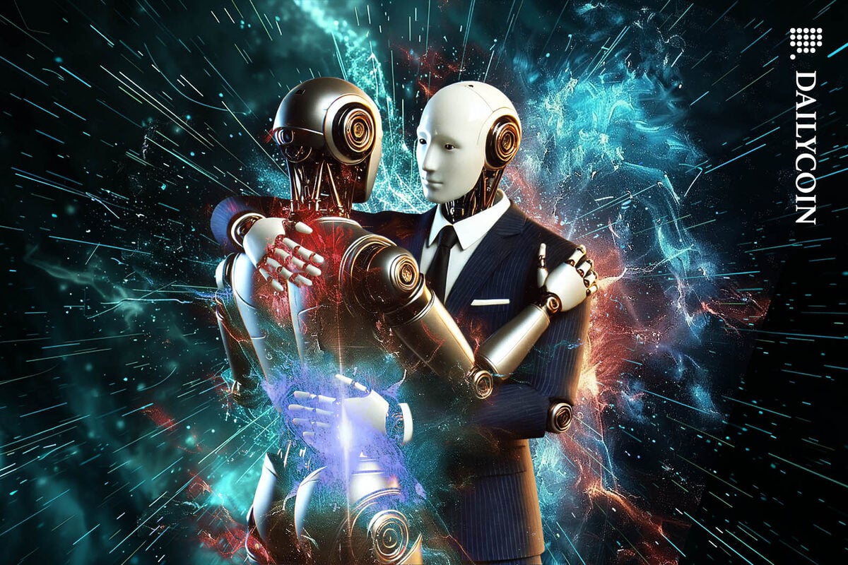 Two robots having a digital explosive hug.