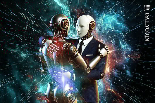 Two robots having a digital explosive hug.