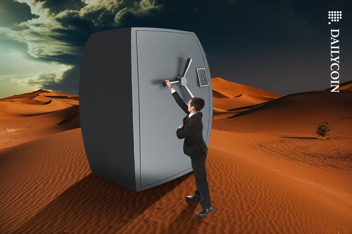 Man opening a deformed safe which is about to explode because of being overloaded with money.