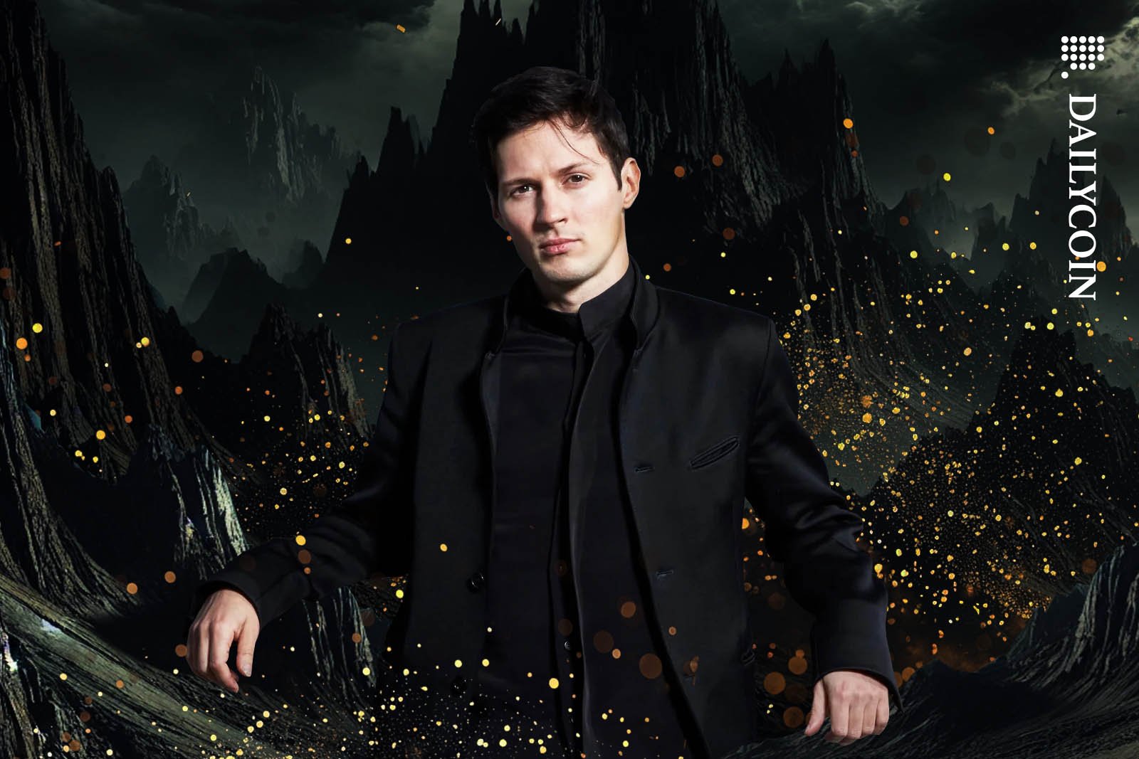 Pavel Durov posing between huge black mountains surrounded by gold dust.