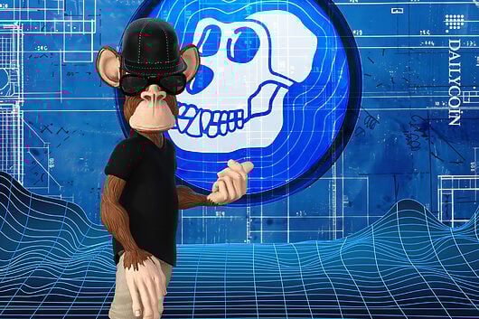 Bored ape pointing to the blueprint of Apecoin.
