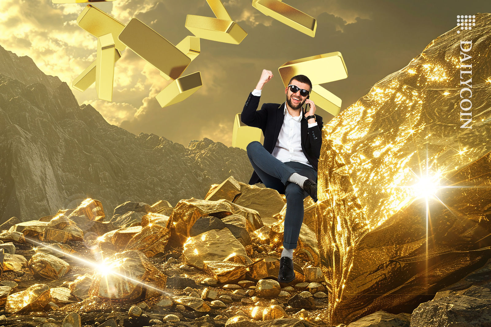 Man sitting on gold, celebrating a gold rush.