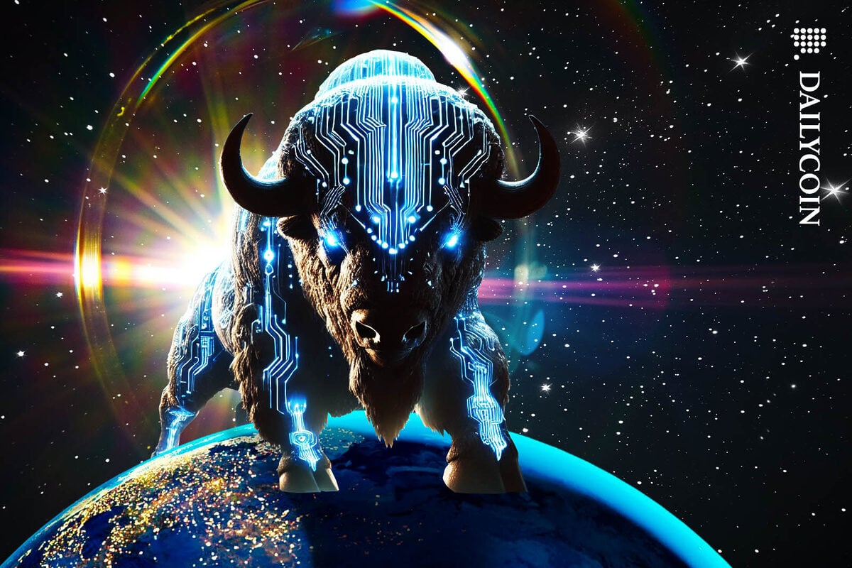 Gigantic digital Bison standing on Earth staring at the camera.