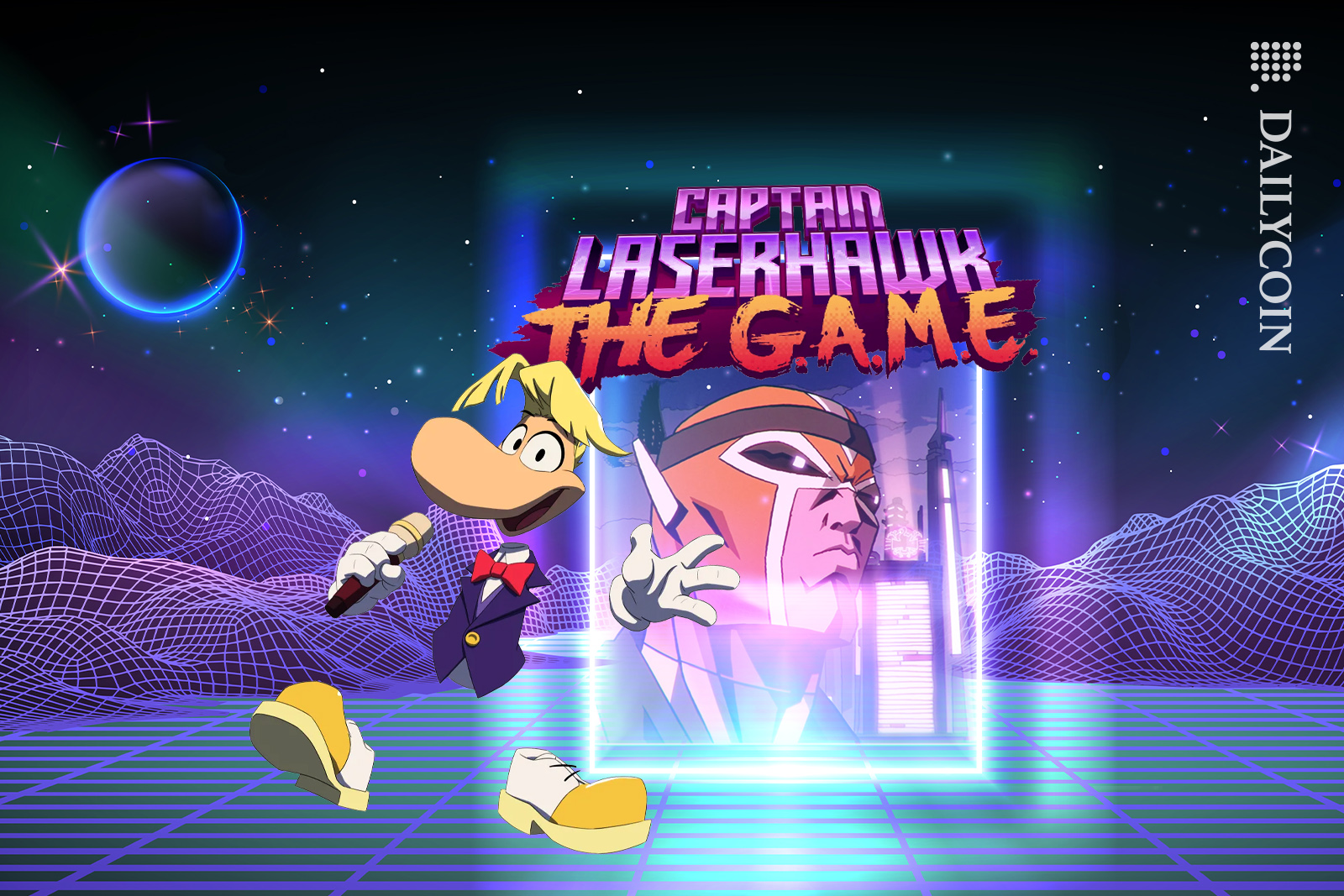 Captain Laserhawk character Rayman presenting the new game with NFT's