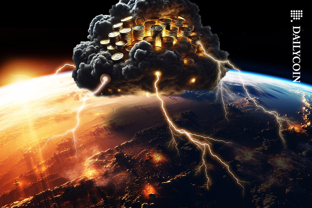 A huge dark cloud full of golden coins hovering above Earth.