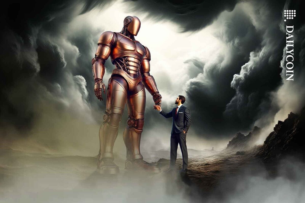 A giant copper robot shaking the hand of a man in suit.
