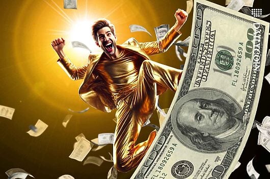 Man riding a 100 Dollar bill falling from the sky.
