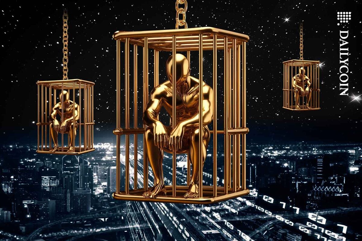 Liquid gold humanoid figures encaged in golden cages hanging above a busy digital city.