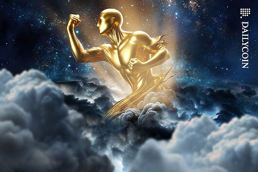 Liquid gold humanoid creature punching through dark storm clouds.