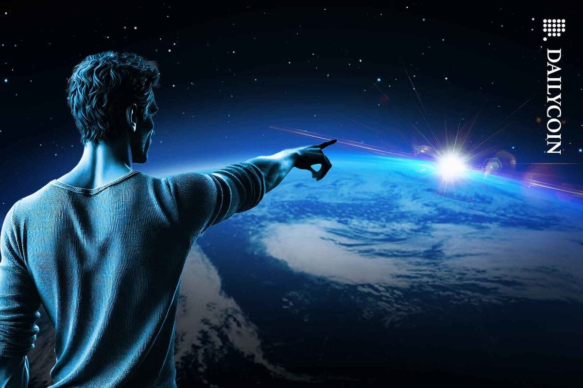 Blue man pointing at the horizon.