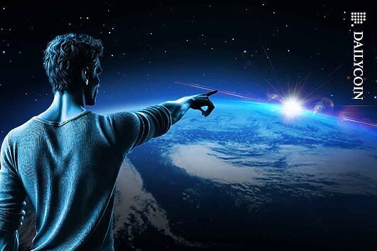 Blue man pointing at the horizon.