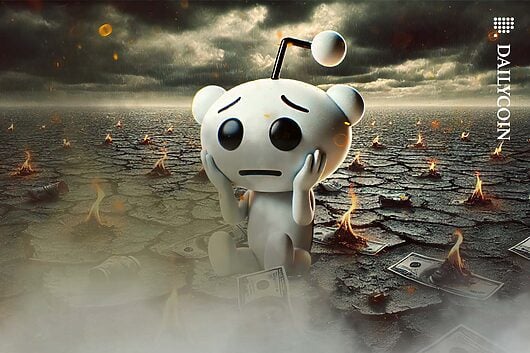 The Reddit mascot holding its had in sadness as its sitting in a landscape with burning banknotes scattered around.