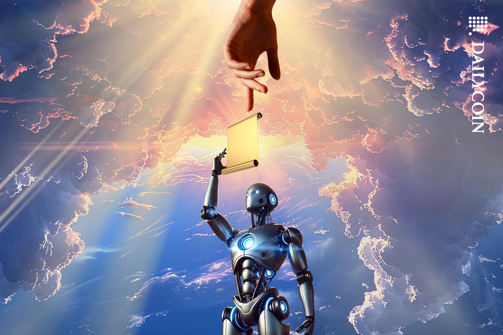 Robot handing over a golden scroll to a huge hand reaching down from the sky.