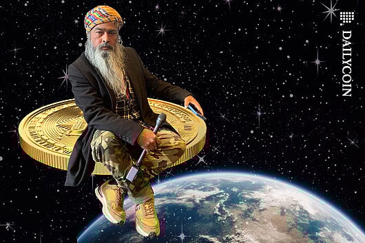 Stephen Mollah posing as Satoshi Nakamoto as he is sitting on a Bitcoin above Earth.