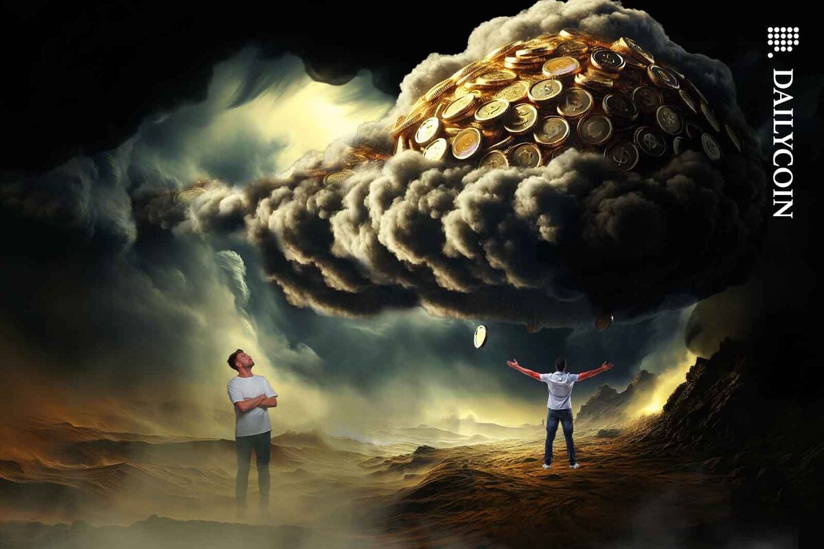 A cloud filled with golden coins approaching witnessed by two man on the ground.
