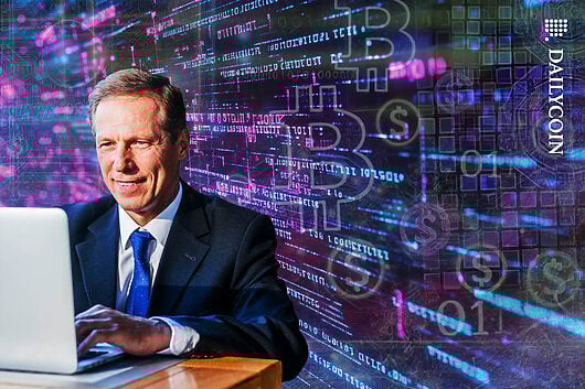 Happy wealth manager in front of a digital background.