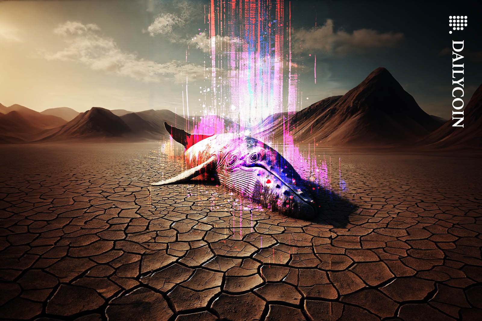 A whale in a desert coming back to life as bathing in digital glitch and light.