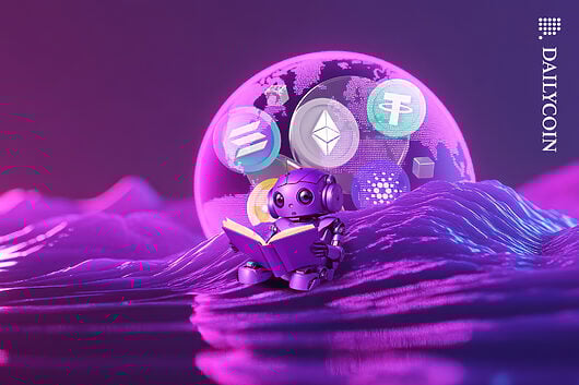 Little robot sitting on a hill reading about altcoins.