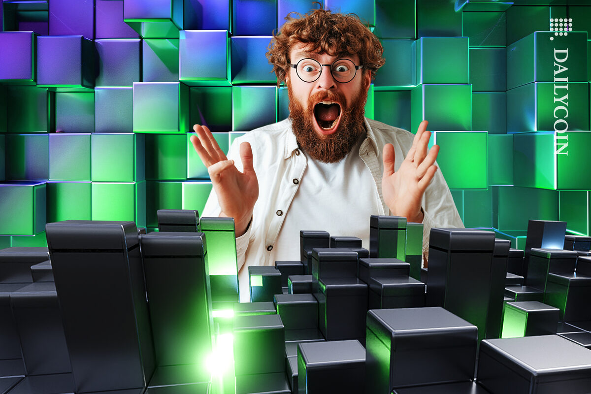Man amazed seeing digital blockchain cubes rise