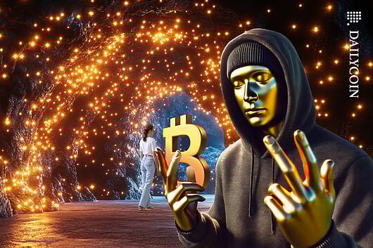 Gold masked Satoshi showing finger signs, in the magical bitcoin cave.