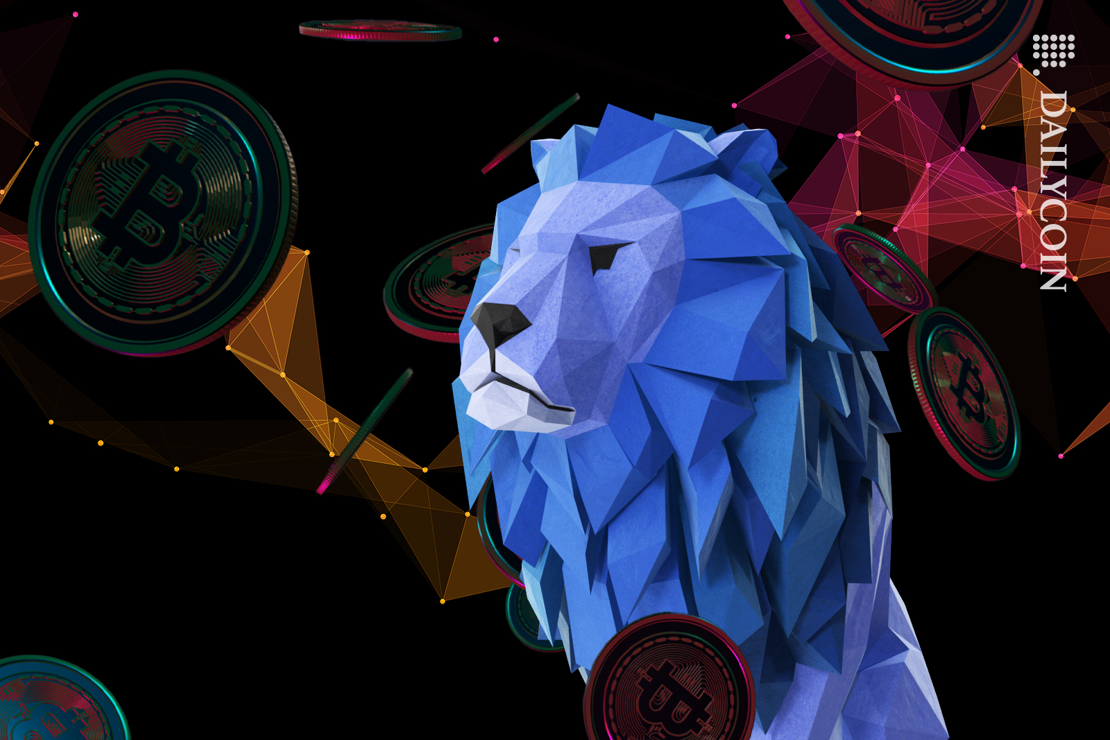 Crypto.com mascot in defi space with bitcoins.