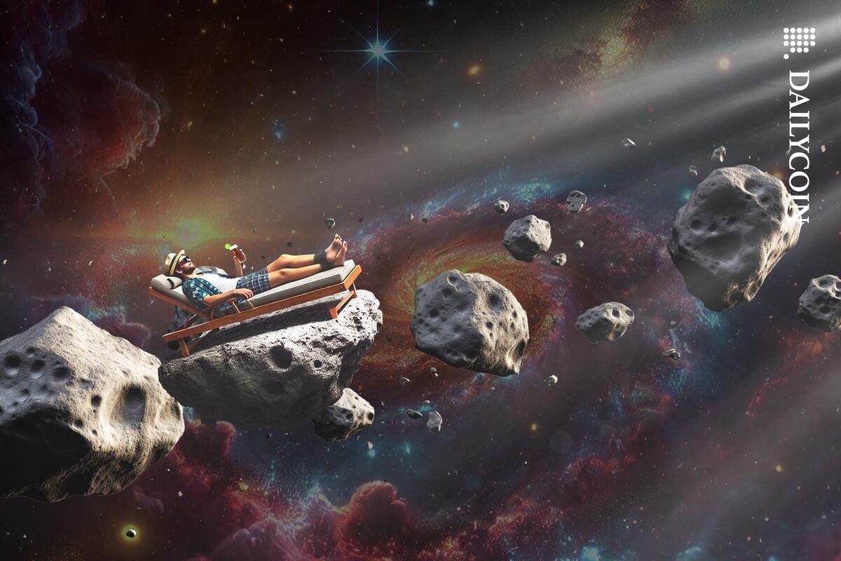 A man on a sunbed chilling on an asteroid as he travels up in space towards a light source.
