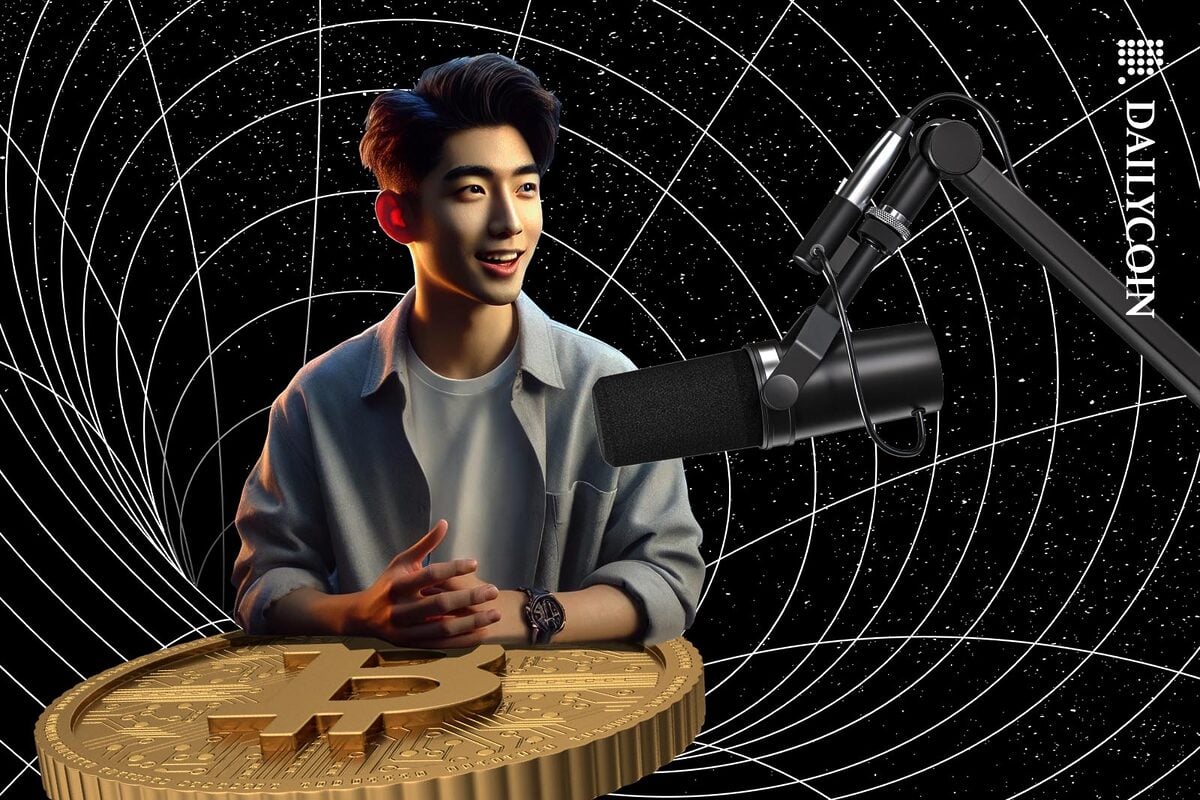 Young asian man doing a podcast in space using a Bitcoin for a desk.