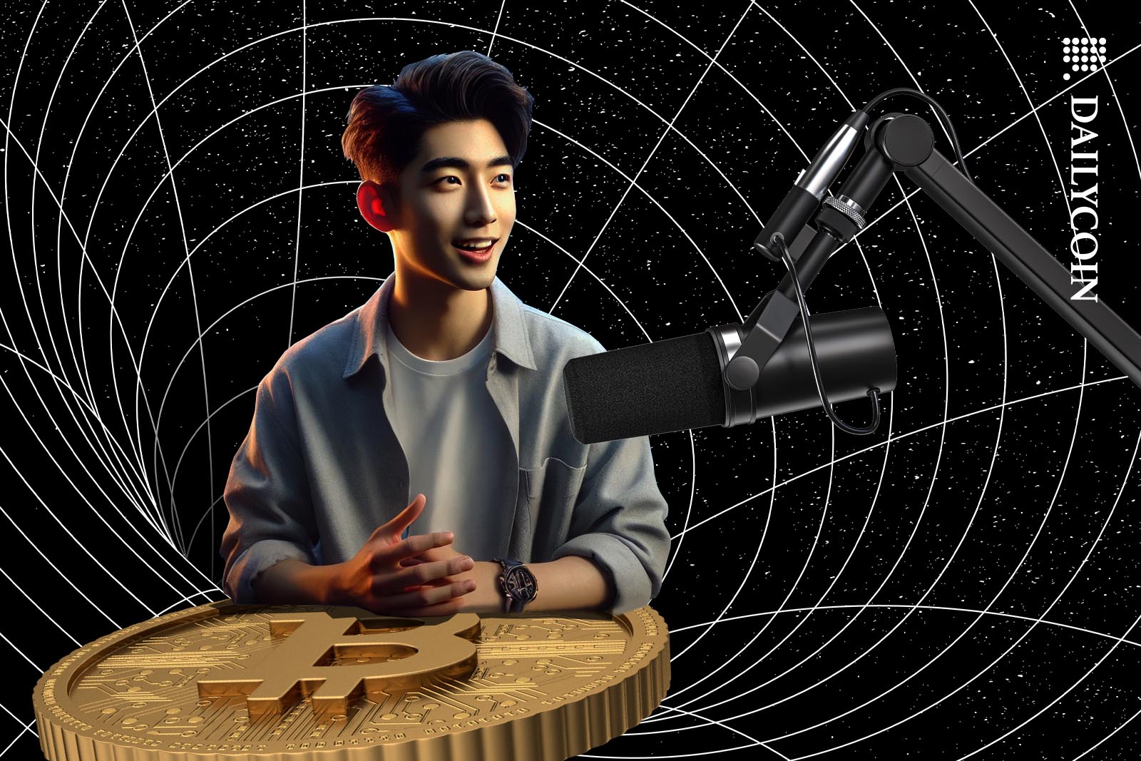 Young asian man doing a podcast in space using a Bitcoin for a desk.