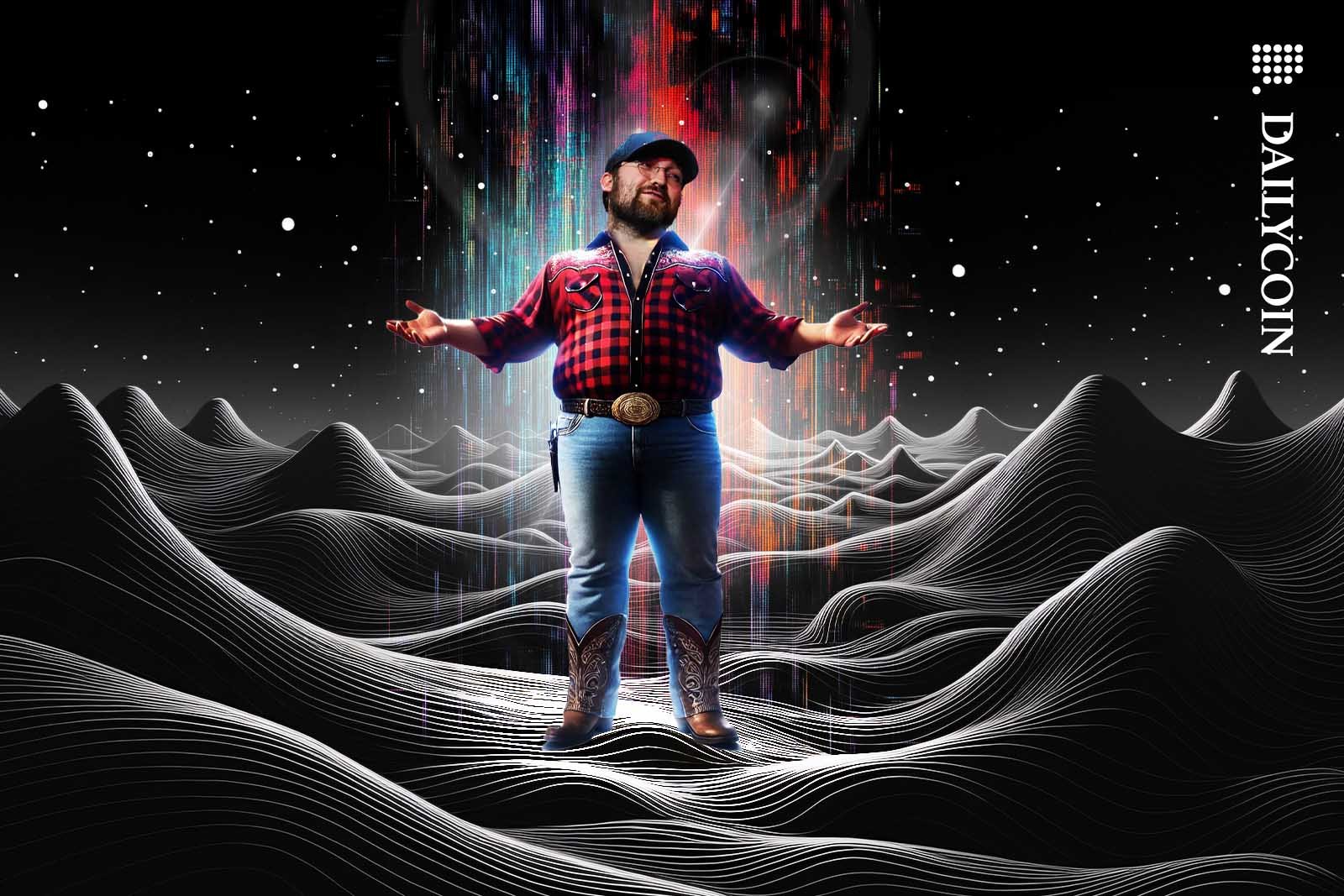 Charles Hoskinson In a digital landscape gesturing friendship and peace.