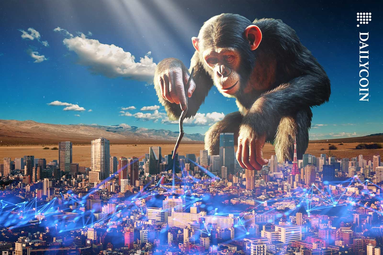 Giant chimpanzee poking a digital city in the desert with a stick.