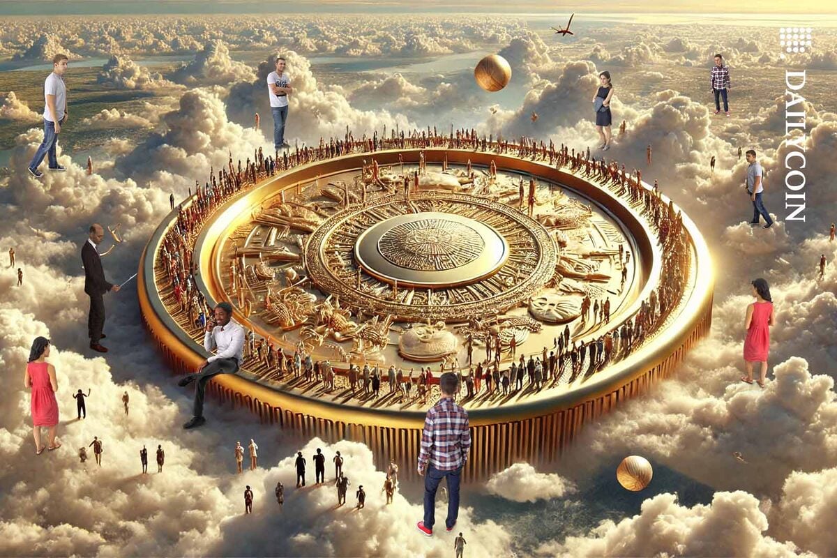 Lots of people gathering around a huge golden coin in the clouds.