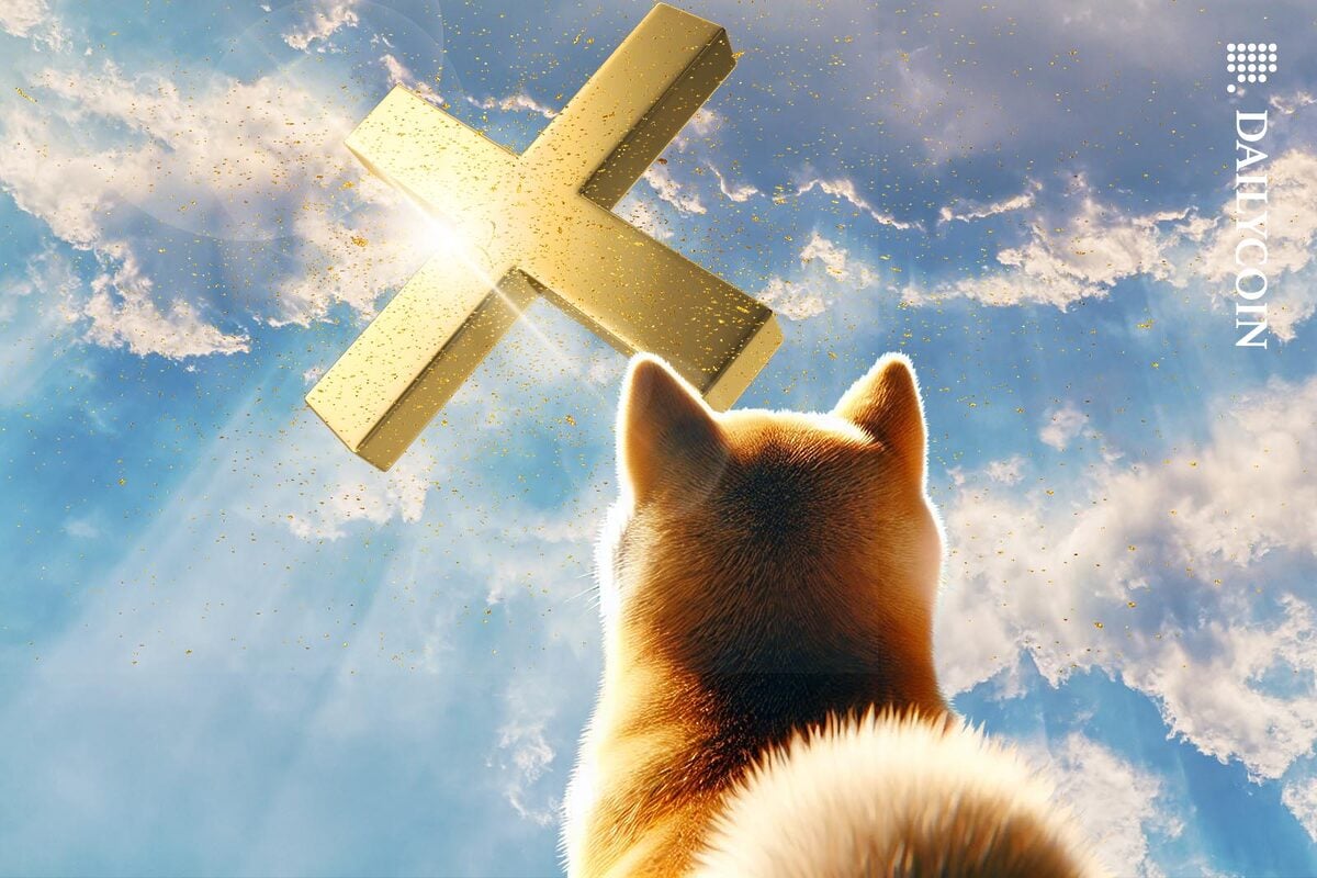Dogecoin dog staring at golden cross on the sky.