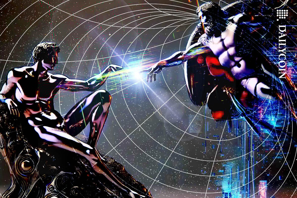 A glitchy Image of two futuristic characters reaching towards each other in a digital environment. Based on The Creation of Adam by Michelangelo.