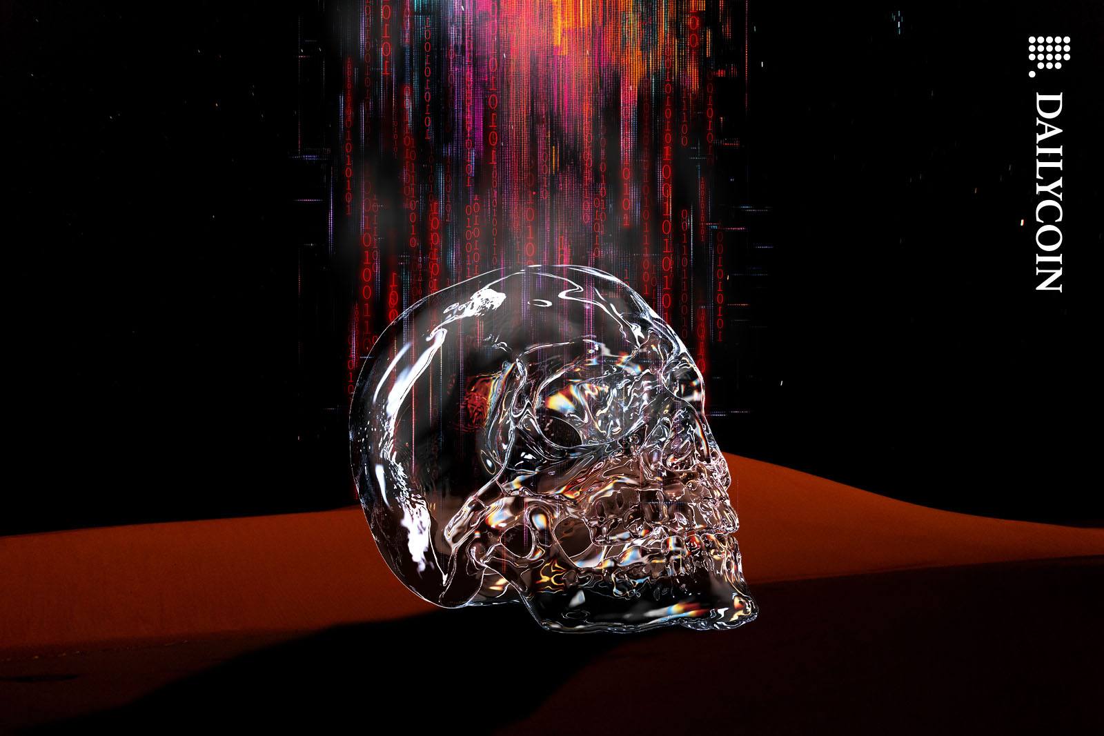 Glass skull emitting smoke and code in a desert.