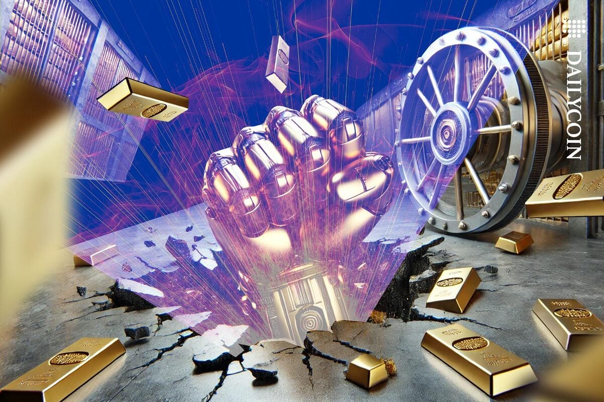A golden robotic fist breaking through the floor of a gold storage vault.