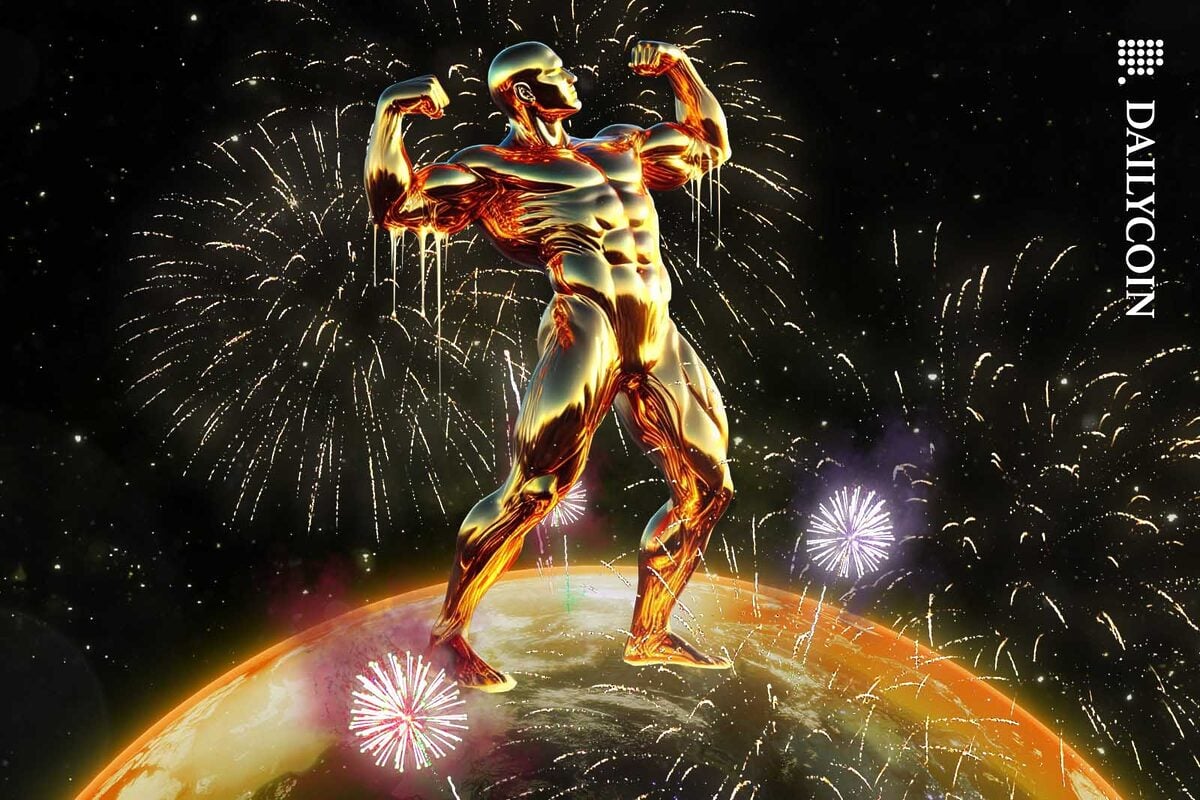 A golden giant flexing his muscles on top of the Earth surrounded by fireworks.