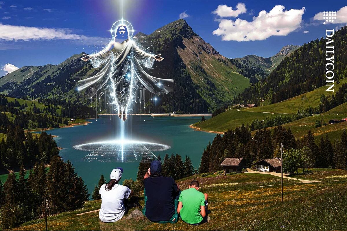 Shiny Jesus Christ emerges from a Swiss lake to bless three hikers.